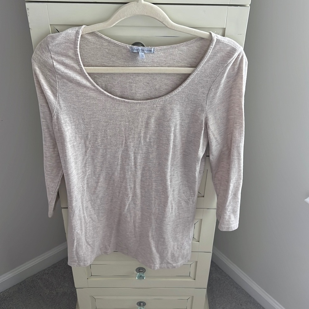 Tan 3/4 length shirt. Size L